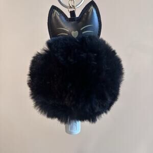 Cat Kitty Bag Charm NEW Hand Sanitizer Holder Black Fluffy Pom Pom Keychain
